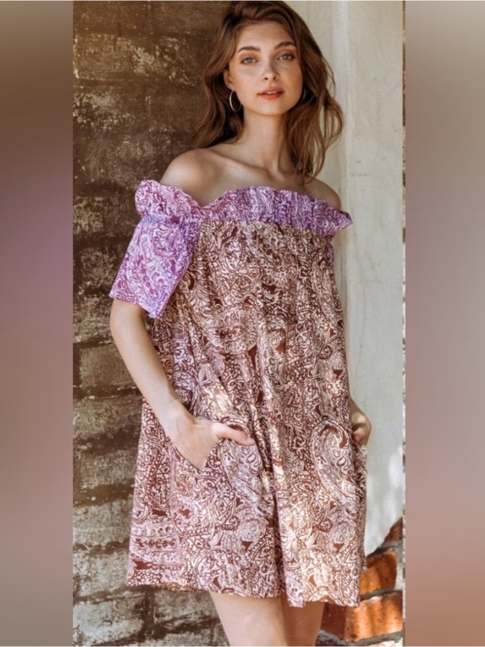 Free People Sophie Paisley Pattern Off The Shoulder Mini Swing Dress